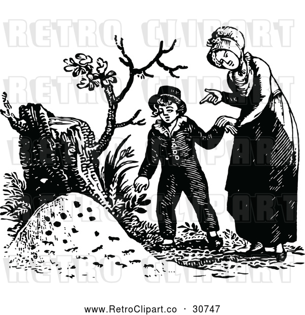 Vector Clip Art of a Retro Mother and Son by a Tree Stump
