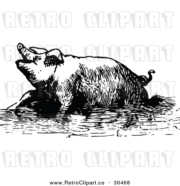 Vector Clip Art of a Retro Pig Soaking in Mud
