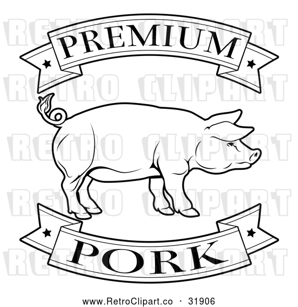 Vector Clip Art of a Retro 'Premium Pork' Banners Around a Pig in Black Lineart