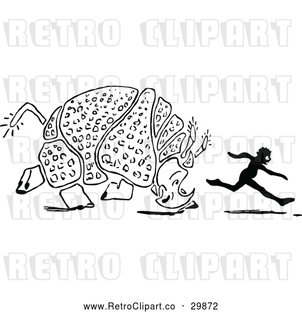 Vector Clip Art of a Retro Rhino Chasing a Black Silhouette Boy