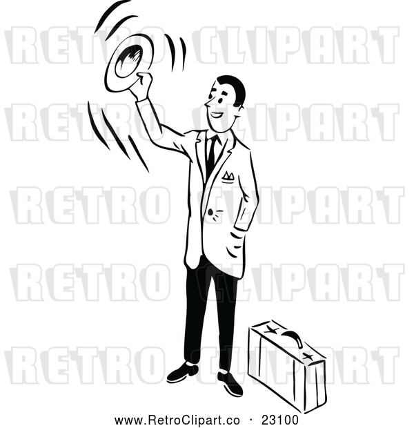 Vector Clip Art of a Retro Traveling Businessman Waving Goodbye with His Hat