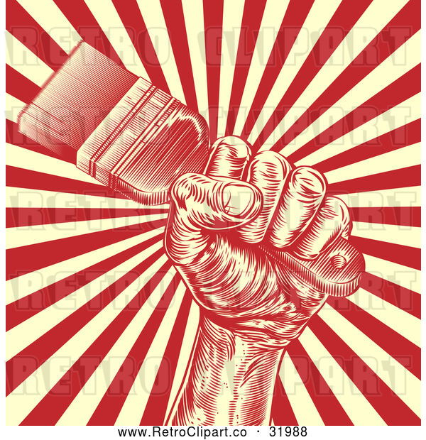 Vector Clip Art of a Retro Woodcut Fist with a Paintbrush over Yellow and Red Rays