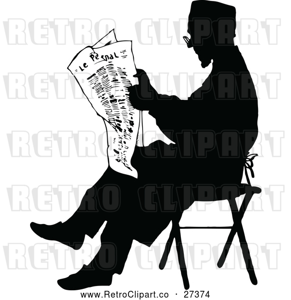Vector Clip Art of a Silhouetted Retro Man Reading the Newspaper