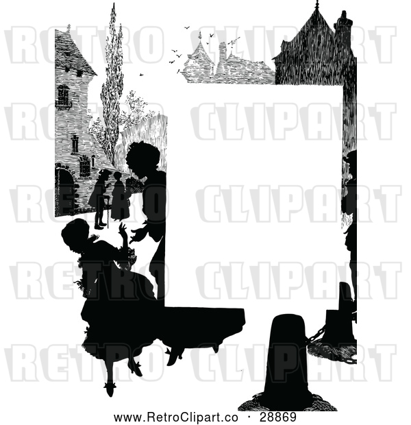 Vector Clip Art of a Silhouetted Retro Village with People and Blank Text Space