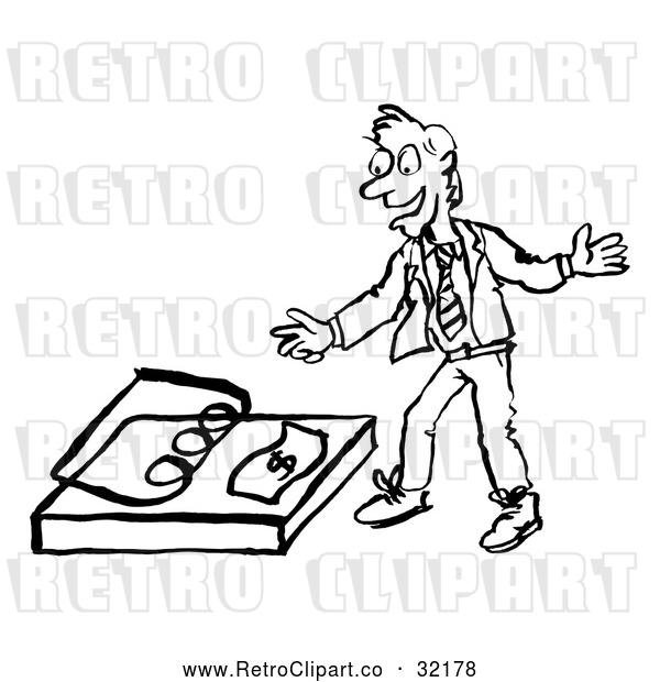 Vector Clip Art of a Smiling Retro Business Man Reaching for Money Bait Trap in Black and White