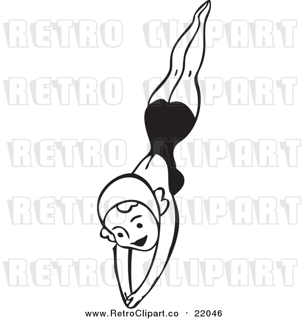 Vector Clip Art of a Smiling Retro Woman Diving Towards Water