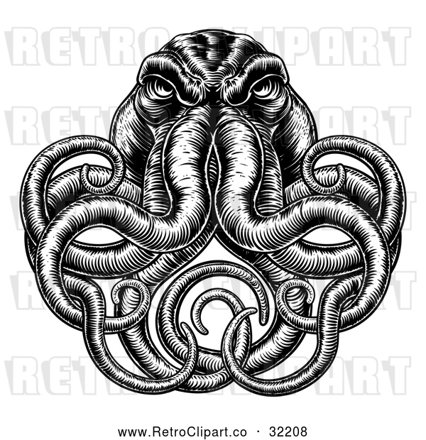Vector Clip Art of an Angry Black Retro Octopus