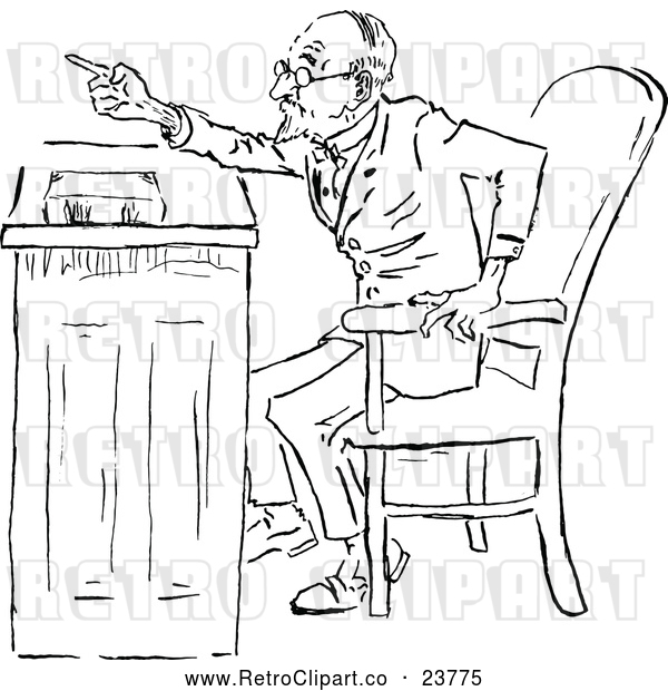 Vector Clip Art of an Angry Retro Man Pointing Finger Behind a Business Desk