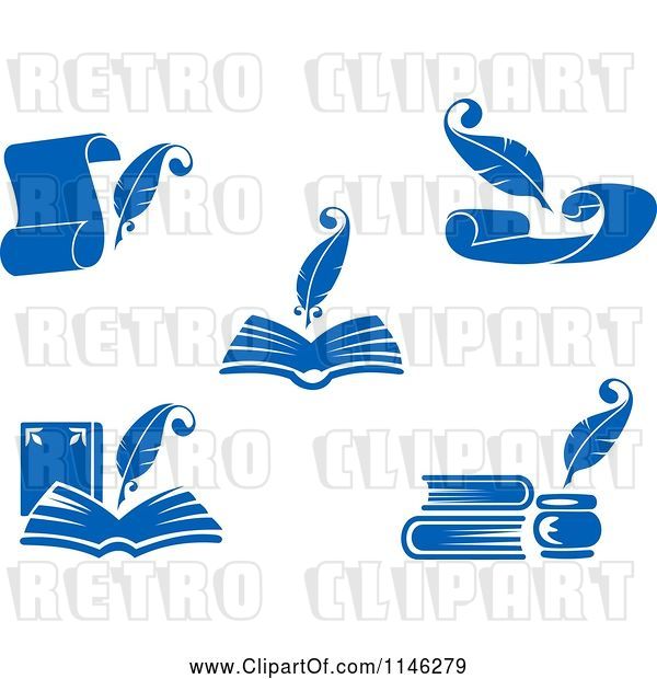 Vector Clip Art of Blue Quill Pens Books and Letters
