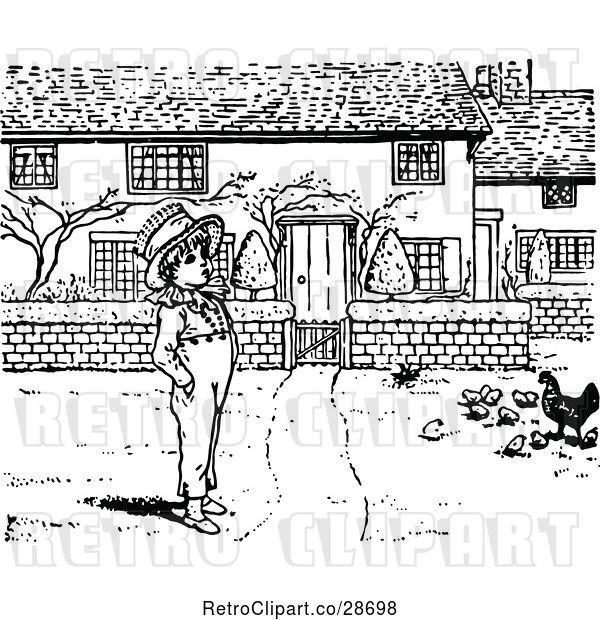 Vector Clip Art of Boy and Chickens in a Yard