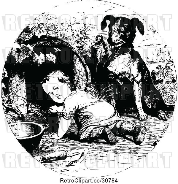 Vector Clip Art of Dog Supervising a Crawling Baby