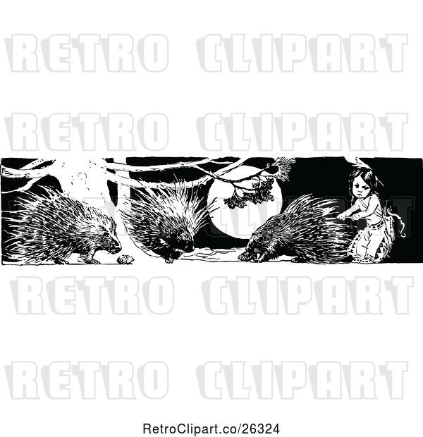 Vector Clip Art of Girl and Porcupines at Night