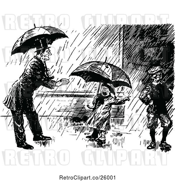 Vector Clip Art of Guy and KChildren in the Rain