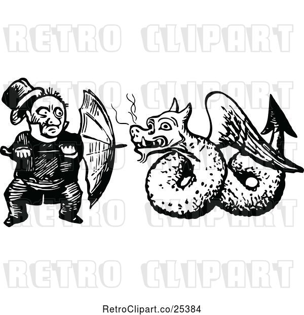 Vector Clip Art of Guy Defending Himself with an Umbrella Against a Dragon