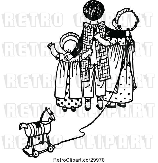 Vector Clip Art of KChildren with a Toy Horse Waving Goodbye