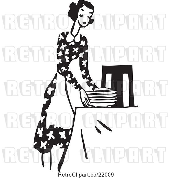 Vector Clip Art of Lady in an Apron, Setting a Table