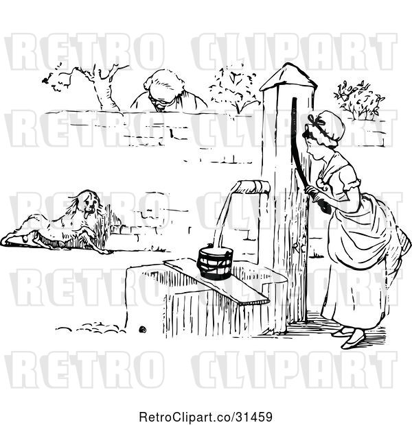 Vector Clip Art of Lady Pumping Water from a Well