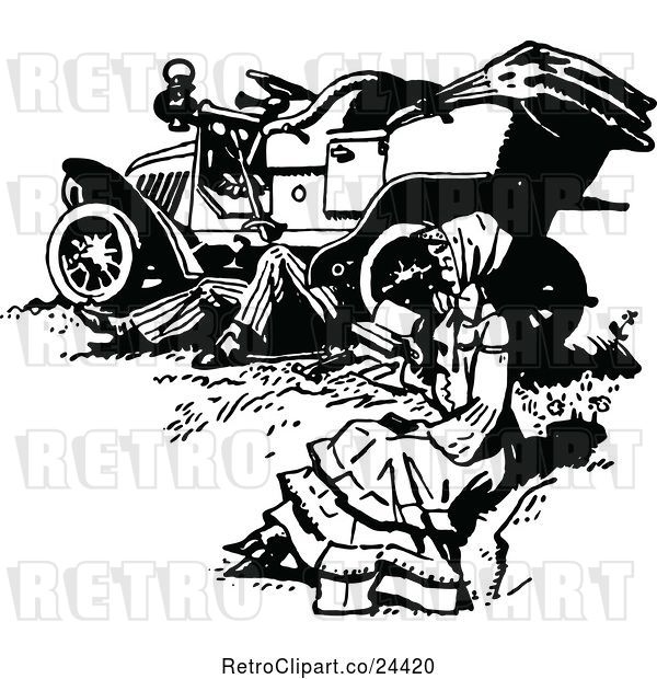 Vector Clip Art of Lady Reading While a Guy Works Under a Car