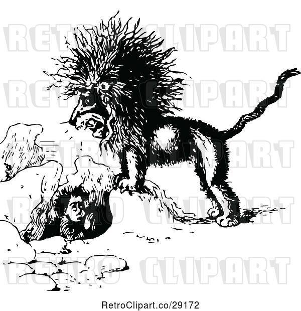 Vector Clip Art of Mad Lion and Boy in a Hole