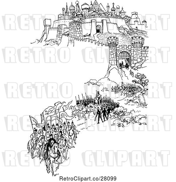 Vector Clip Art of Medieval Hillside City and Soldiers