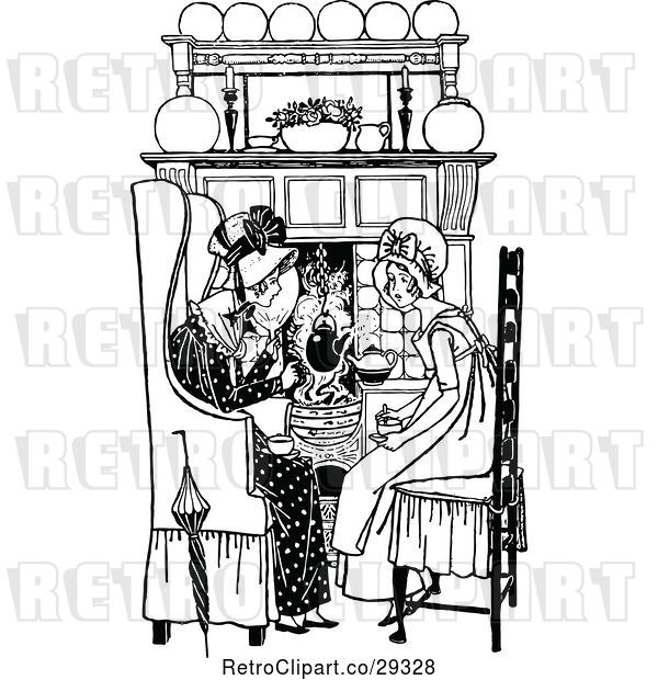 Vector Clip Art of Mother and Daughter by a Fireplace