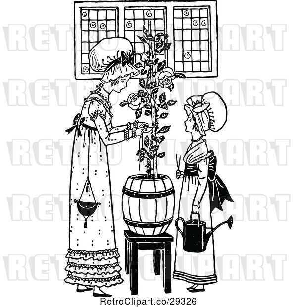 Vector Clip Art of Mother and Daughter Tending to a Plant