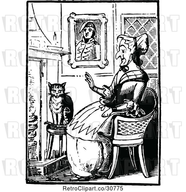 Vector Clip Art of Old Lady with a Cat by a Fireplace