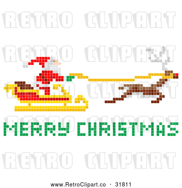 Vector Clip Art of Pixelated Retro Santa Claus Flying Sleigh with Merry Christmas Reindeer