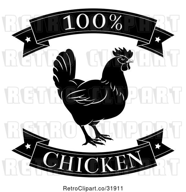 Vector Clip Art of Retro 100 Percent Chicken Food Banners and Rooster