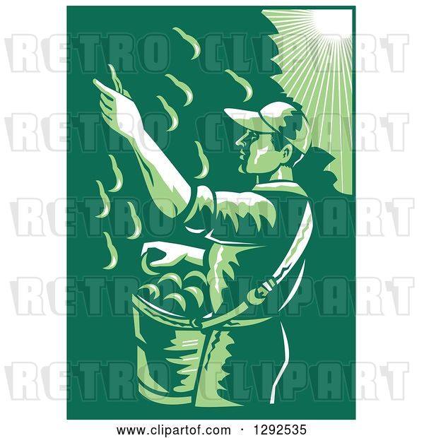 Vector Clip Art of Retro 1030s Styled Green Toned Farm Worker Picking Fruit from a Pear Tree