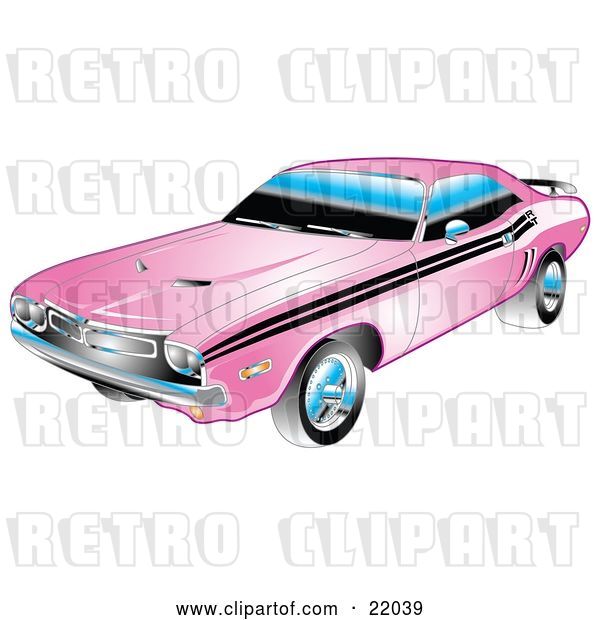Vector Clip Art of Retro 1971 Dodge Challenger Muscle Car in Pink with Black Racing Stripes on the Sides