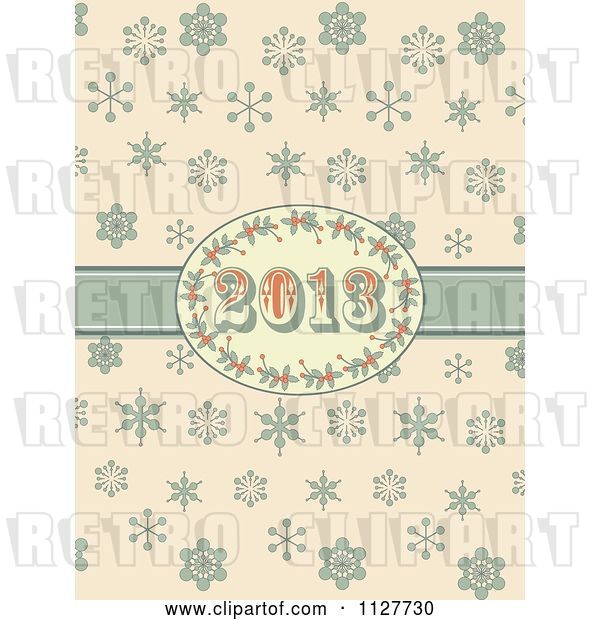 Vector Clip Art of Retro 2013 New Year Holly Frame and Ribbon over Snowflakes