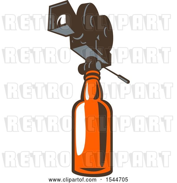 Vector Clip Art of Retro 35mm Motion Picture Camera on Beer or Whiskey Bottle