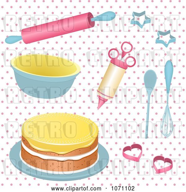 Vector Clip Art of Retro 3d Baking Utensils and a Cake on Pink Polka Dots