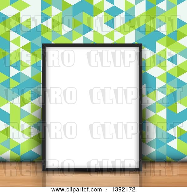 Vector Clip Art of Retro 3d Blank Picture Frame Leaning Against Geometric Wallpaper on a Wood Floor