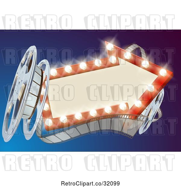 Vector Clip Art of Retro 3d Film Reel and an Illuminated Arrow Sign over Blue