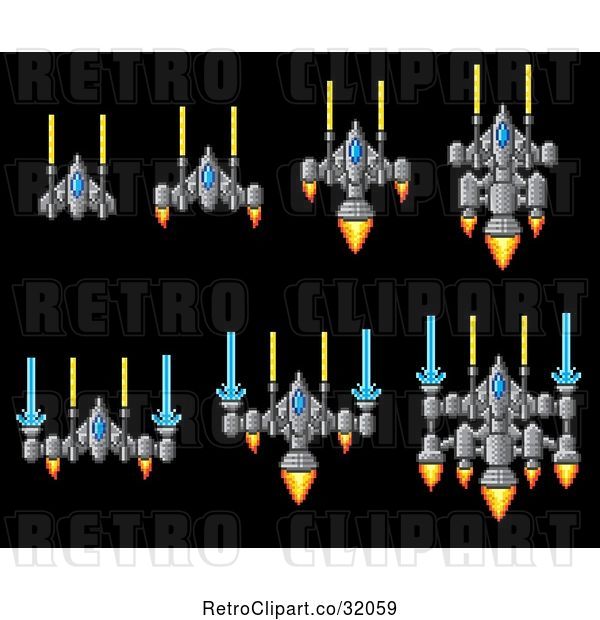 Vector Clip Art of Retro 8 Bit Pixel Art Video Game Styled Spaceships on Black