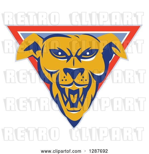 Vector Clip Art of Retro Aggressive Guard Dog Head in a Pastel Blue, Orange and White Triangle
