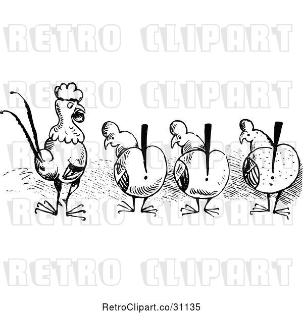 Vector Clip Art of Retro Alert Chickens and a Rooster