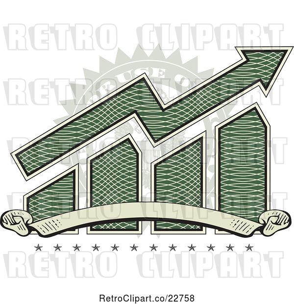 Vector Clip Art of Retro American Dollar Themed Bar Graph and Growth Arrow with a Blank Banner, Stars and Office Use Stamp