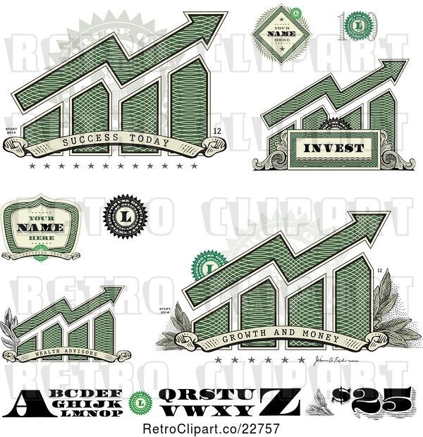 Vector Clip Art of Retro American Dollar Themed Bar Graphs, Labels Numbers and Letters