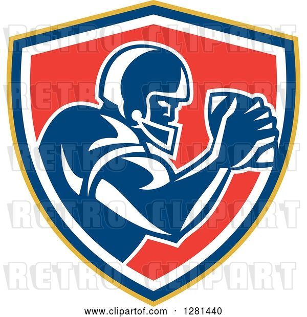 Vector Clip Art of Retro American Football Player Holding a Ball in a Yellow Blue White and Red Shield