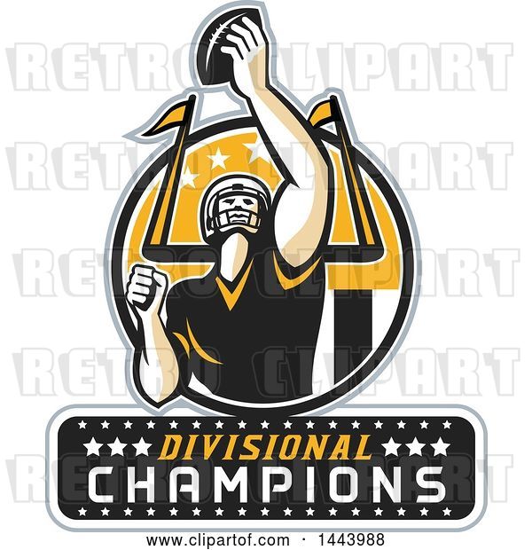 Vector Clip Art of Retro American Football Player Holding up a Ball with Divisional Champions Text for Super Bowl LI in a Black Yellow and White Circle