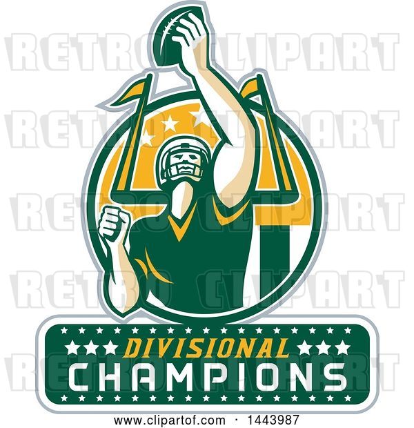 Vector Clip Art of Retro American Football Player Holding up a Ball with Divisional Champions Text for Super Bowl LI in a Green White and Yellow Circle