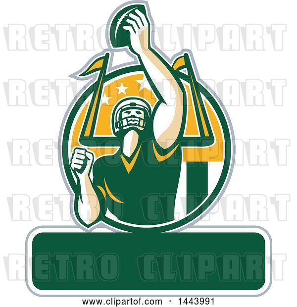 Vector Clip Art of Retro American Football Player Holding up a Ball with Text Space for Super Bowl LI in a Green White and Yellow Circle
