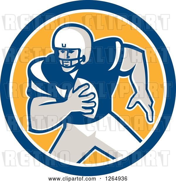 Vector Clip Art of Retro American Football Player in a Blue White and Yellow Circle