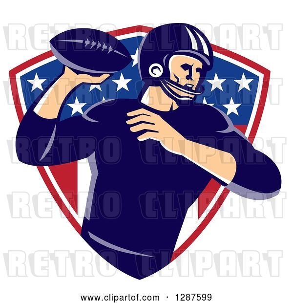 Vector Clip Art of Retro American Football Player Passing the Ball over an American Shield