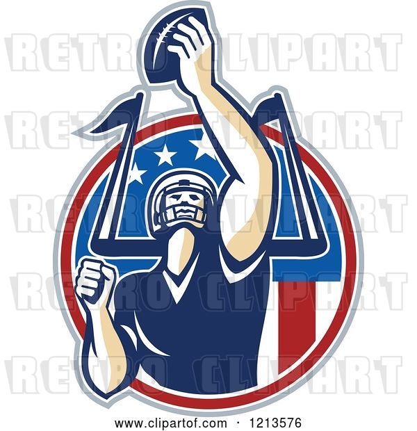 Vector Clip Art of Retro American Football Player Quarterback Holding up a Ball over a Goal Post and American Flag Circle