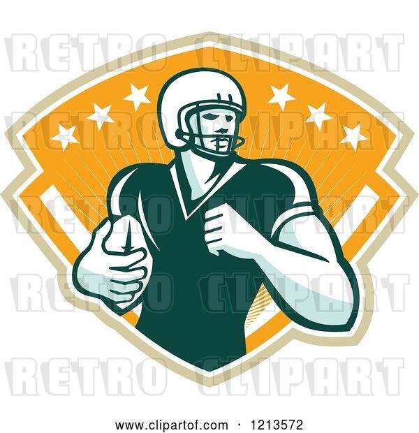 Vector Clip Art of Retro American Football Player Runningback with a Ball over a Shield of Rays and Stars