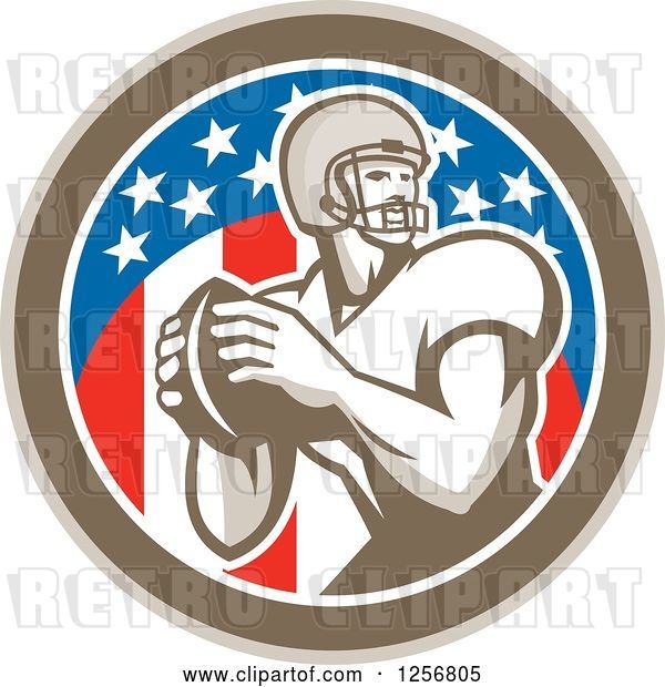 Vector Clip Art of Retro American Football Player Throwing in a Flag Circle